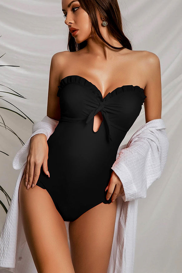 Off Shoulder Twist Ruffled One Piece Swimsuit-Charmo
