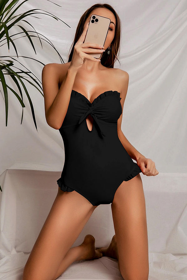 Off Shoulder Twist Ruffled One Piece Swimsuit-Charmo
