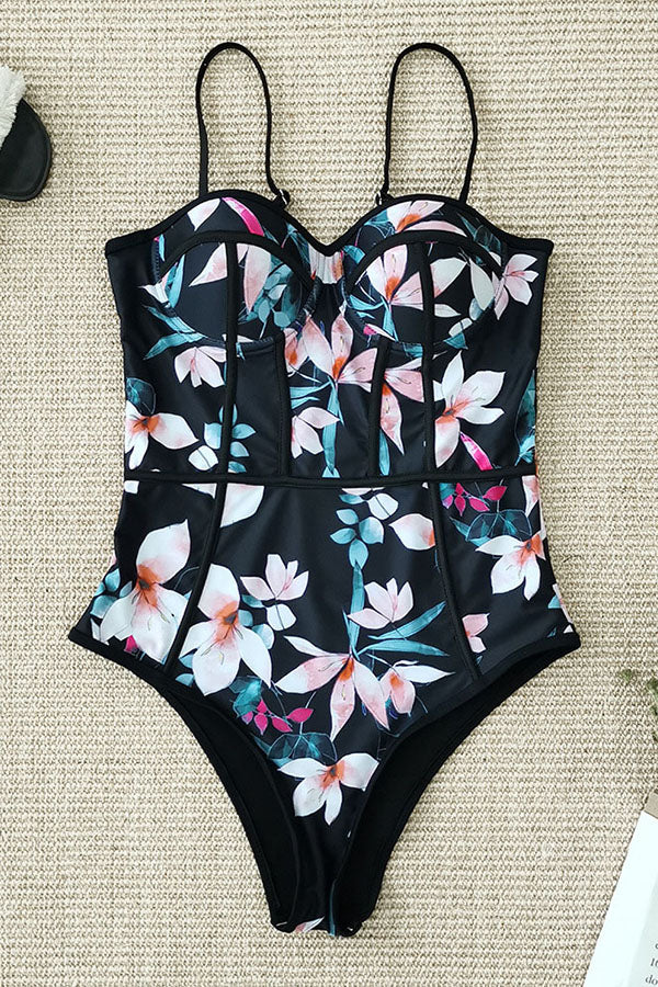 Sling Floral Print Push Up One Piece Swimsuit-Charmo
