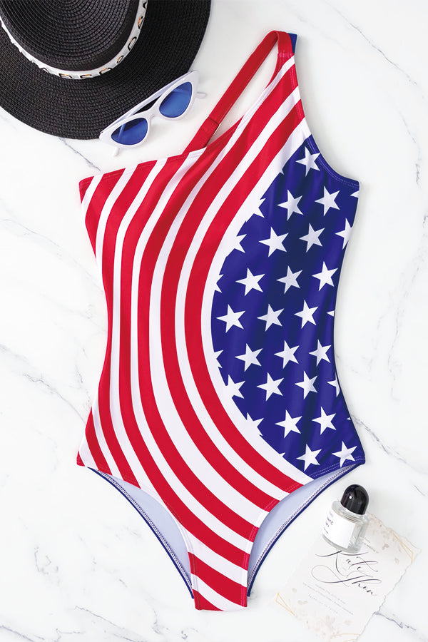 One Shoulder High Cut American Flag One Piece Swimsuit-Charmo