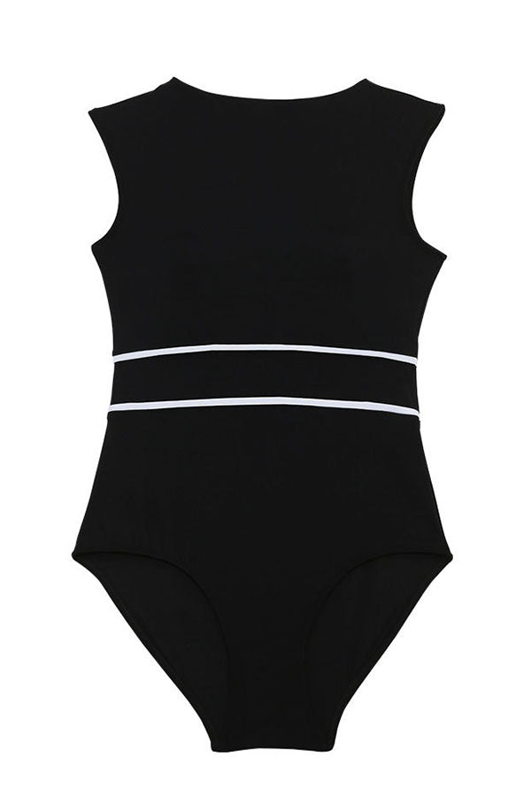 Black Cut-out Tummy Control One Piece Swimsuit-Charmo