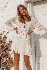 Lace Flutter Sleeve Tassels Bikini Swimsuit Cover Up Dress-Charmo