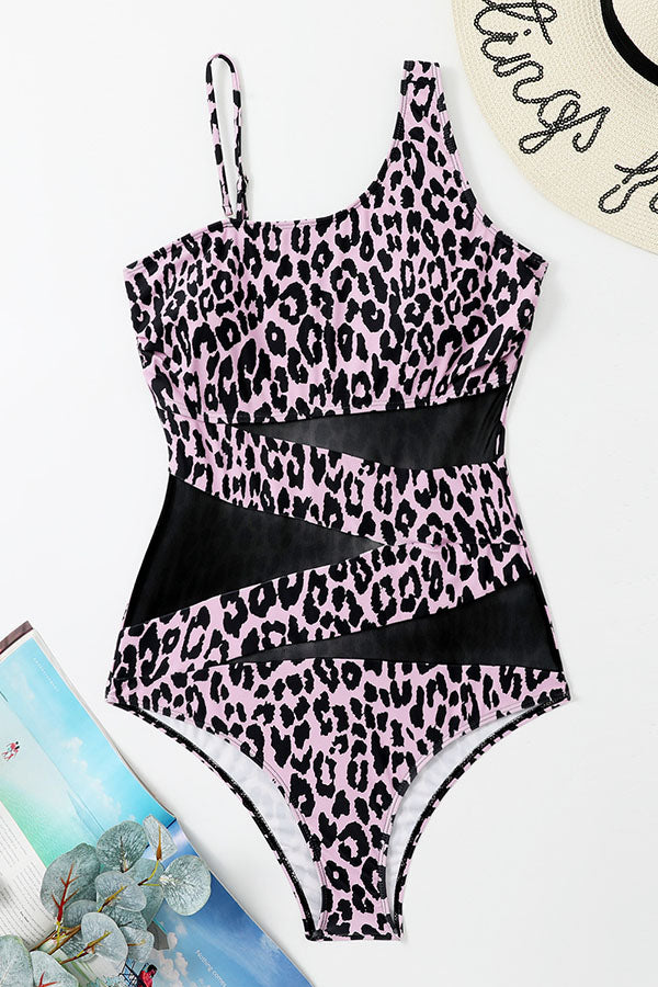 Black Mesh Patchwork Wild Leopard Printed One-piece Swimsuit-Charmo