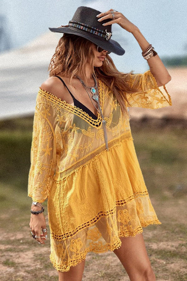 V-Neck Tassel Lace One Piece Cover Up Dress-Charmo