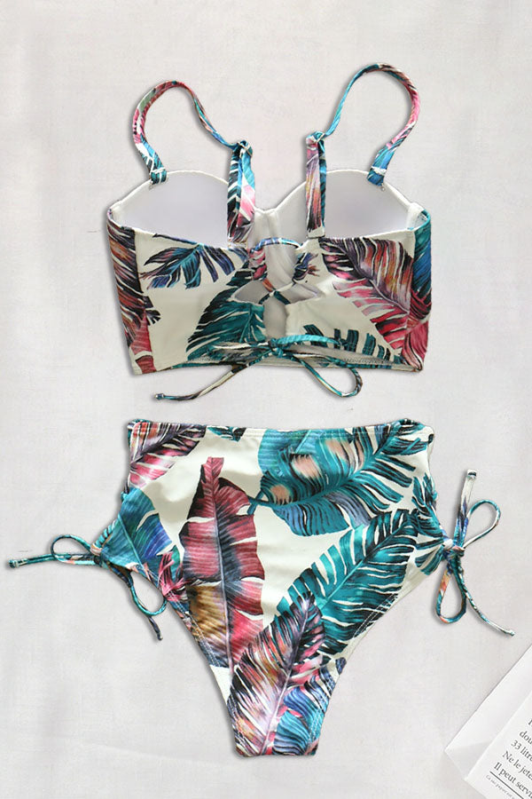 Plant Print Push Up High Waist Strappy Bikini Sets Swimsuit-Charmo