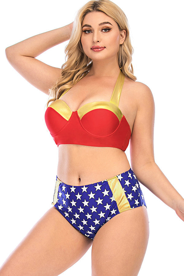 Plus Size American Flag Print Halter High Waist Bikini Swimsuit-Charmo