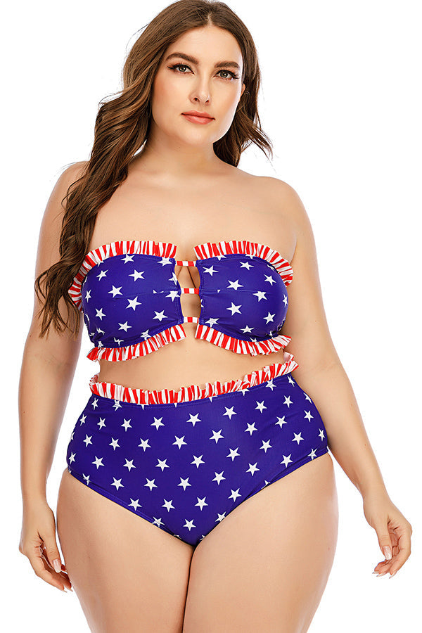 Plus Size American Flag Print Bandeau Two Piece Bikini Swimsuit-Charmo