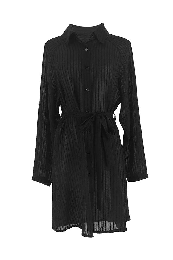 Black Front Button Self Tie Shirt One Piece Cover Up Kimono-Charmo