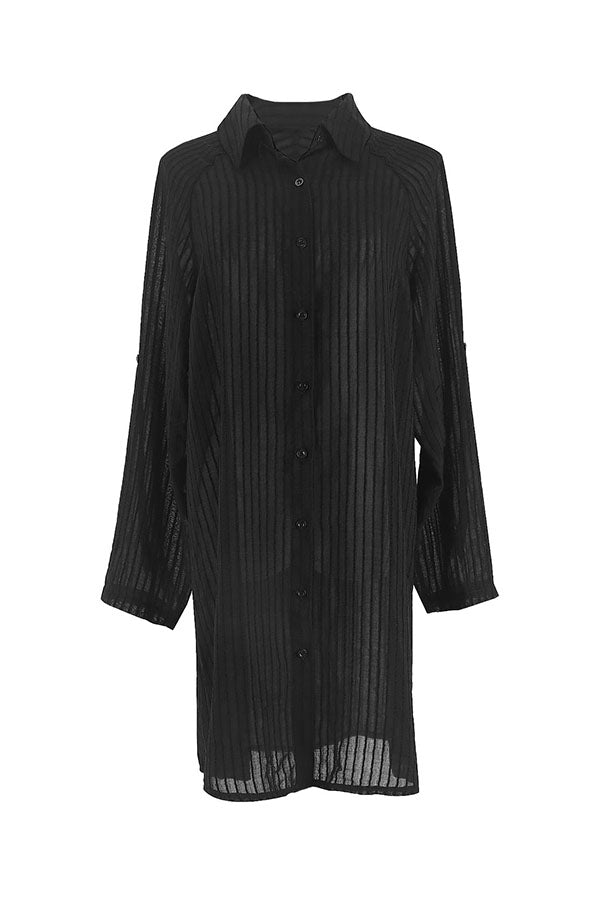 Black Front Button Self Tie Shirt One Piece Cover Up Kimono-Charmo