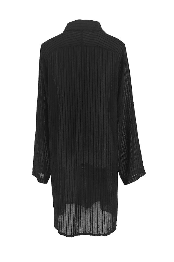 Black Front Button Self Tie Shirt One Piece Cover Up Kimono-Charmo