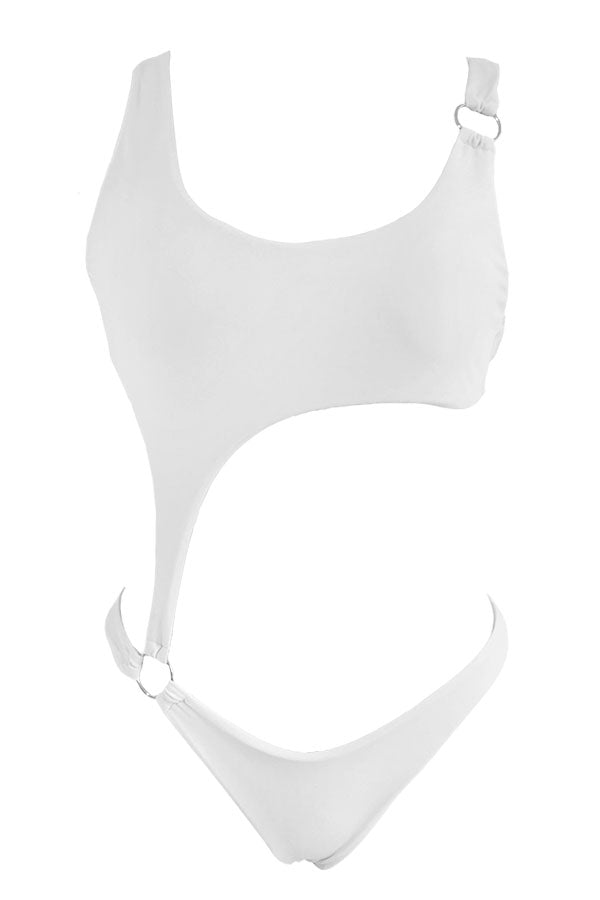 White Cut Out O-Ring Monokini One Piece Swimsuit-Charmo