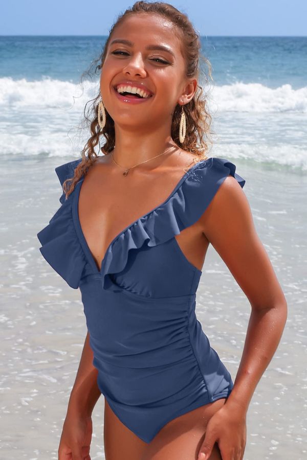 Solid V-Neck Ruffled Wrinkles One Piece Swimsuit