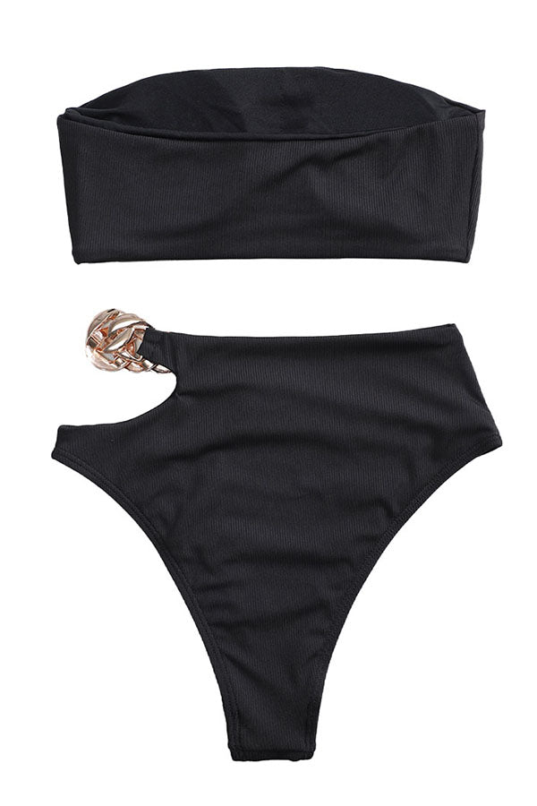 Rib Chain Linked Bandeau High Waisted Bikini Swimsuit-Charmo