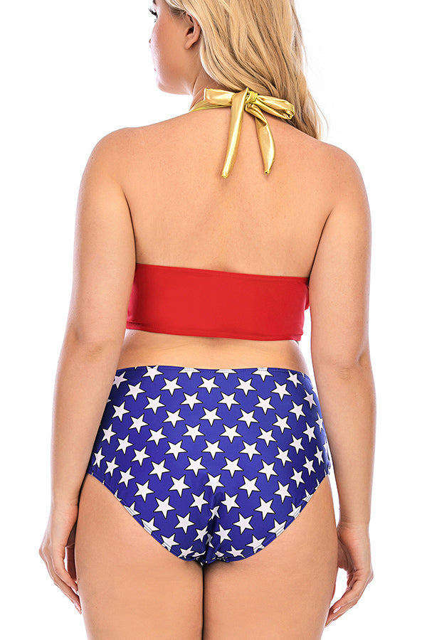 Women s Plus Size American Flag Print Halter High Waist Bikini