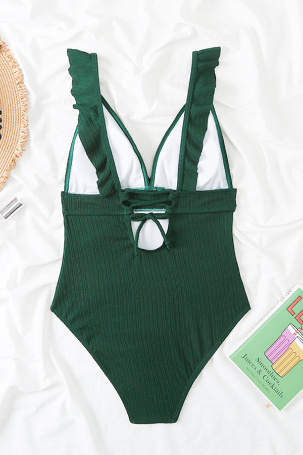 Women's Plunge Neck Ruffle Trim Backless One Piece Swimsuit Charmo