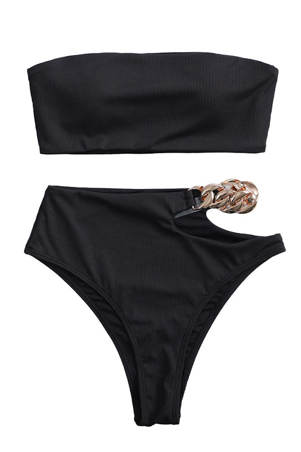 Rib Chain Linked Bandeau High Waisted Bikini Swimsuit-Charmo