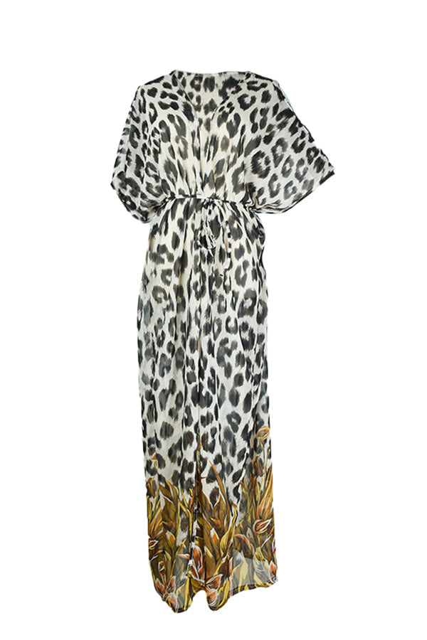 Leopard Sel-Tie Batwing Sleeve One Piece Cover Up Dress-Charmo