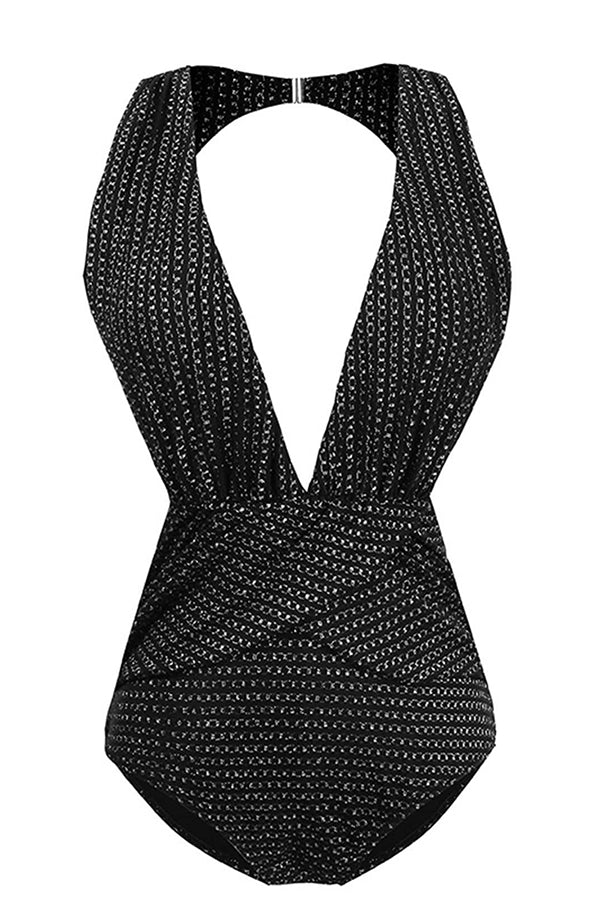 V-neck Cut Out Chain Backless One Piece Swimsuit-Charmo