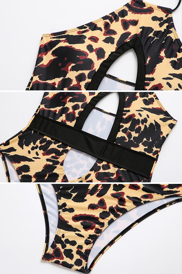 Leopard Print Lace-Up Cutout Monokini One-Piece Swimsuit-Charmo