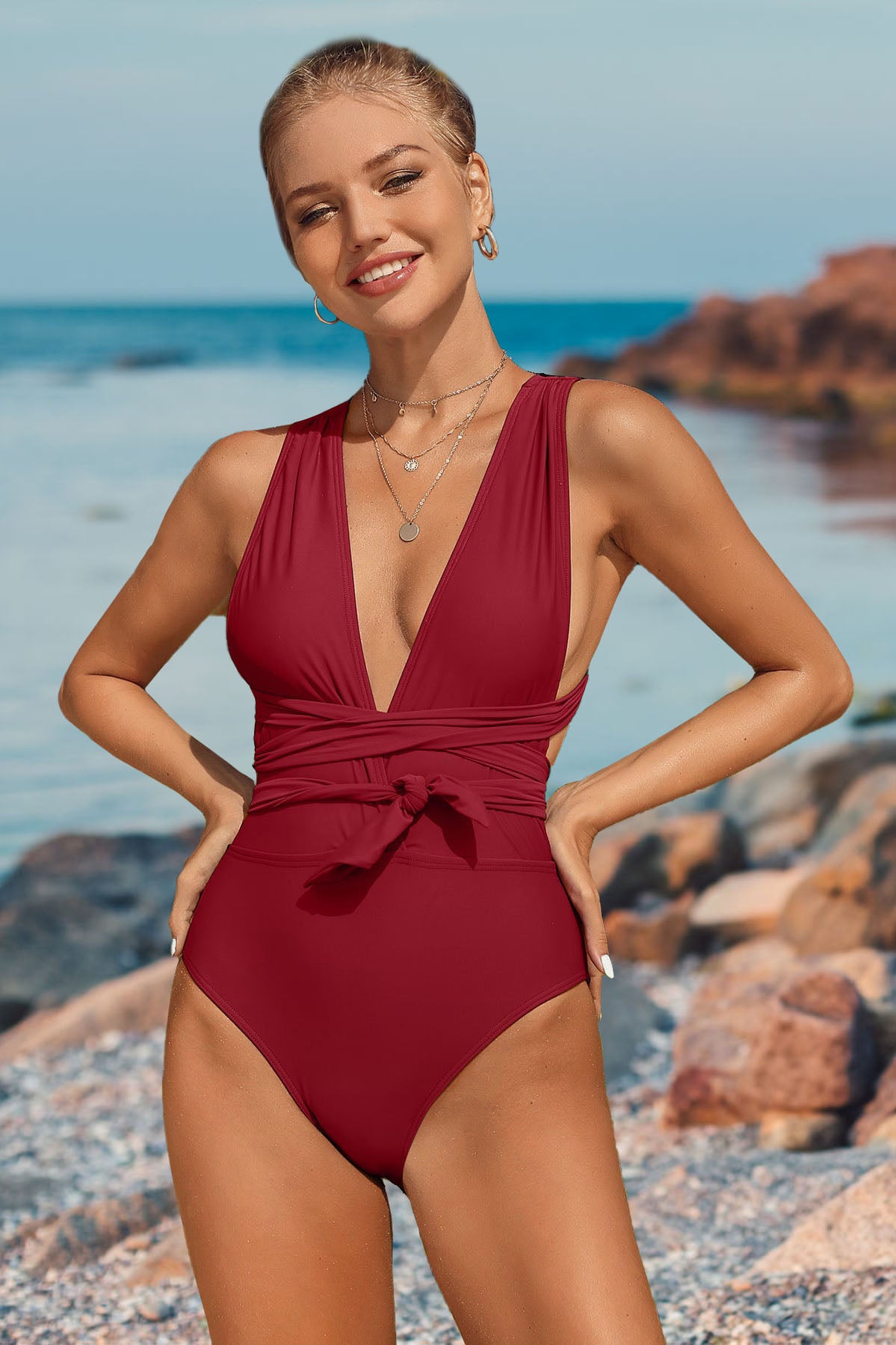 Backless Self Tie Belts Plunge One Piece Swimsuit-Charmo