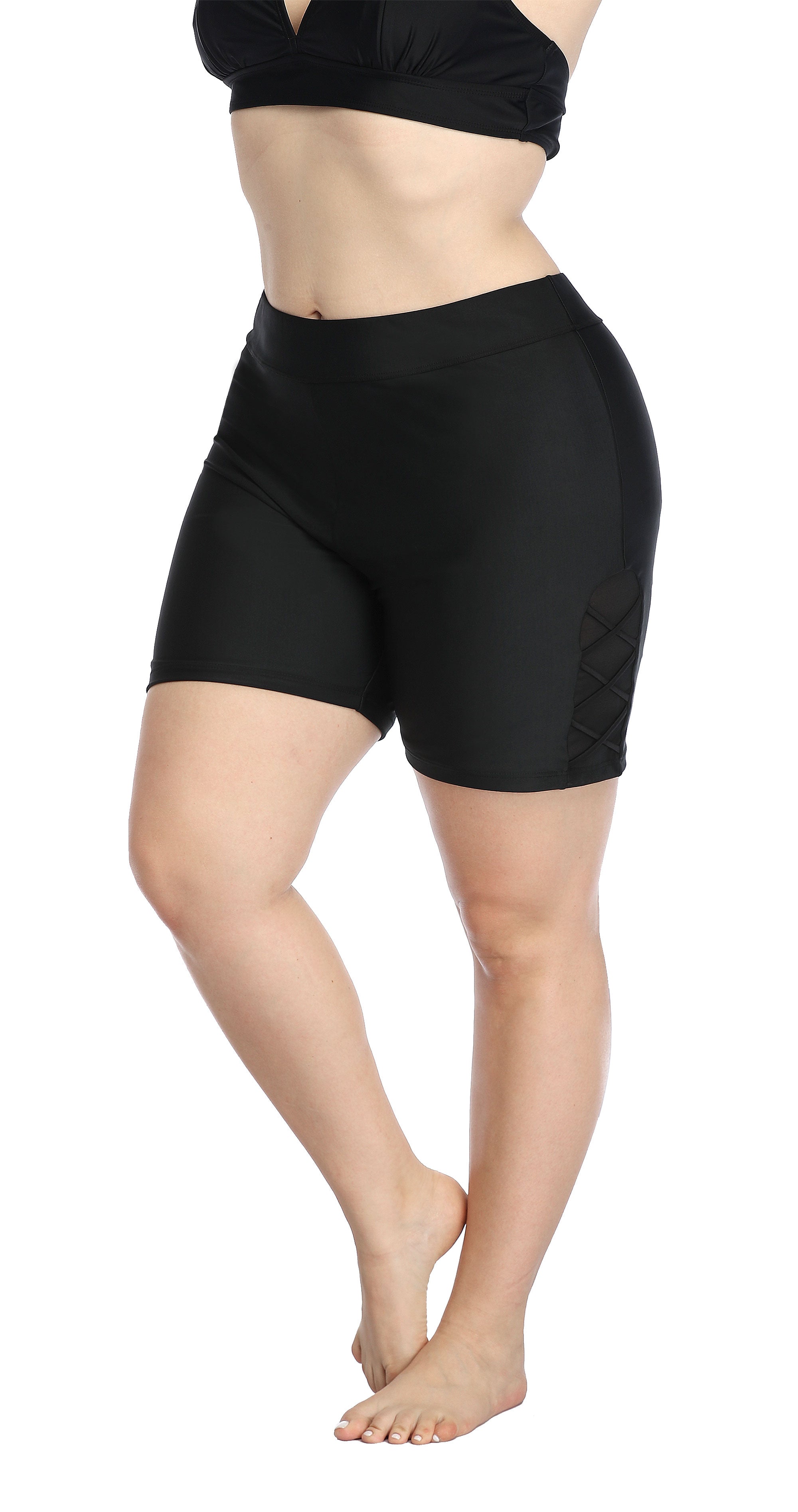 Plus Solid High Waist Side Crisscross Swim Shorts-Charmo