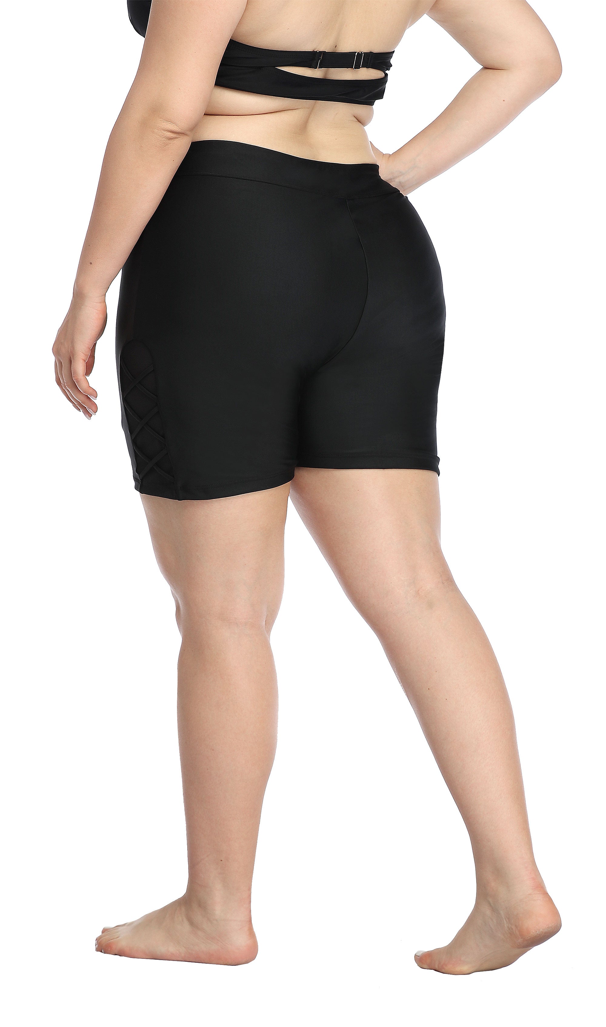 Plus Solid High Waist Side Crisscross Swim Shorts-Charmo