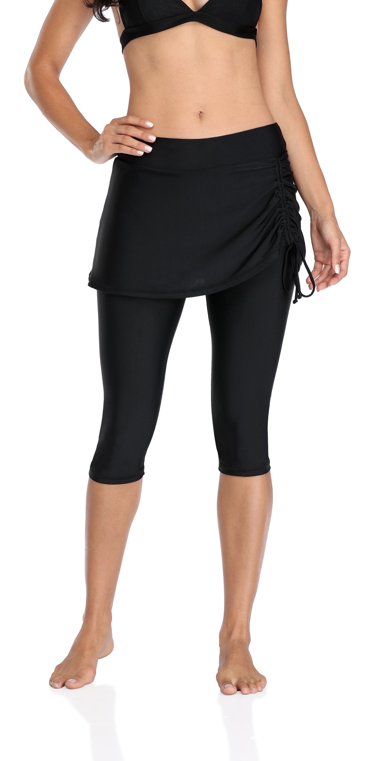 Solid Drawstring Swim Pants With Skorts-Charmo