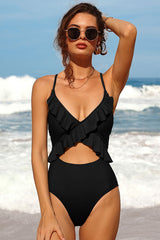 Cut out Ruffle Black One Piece Swimsuit