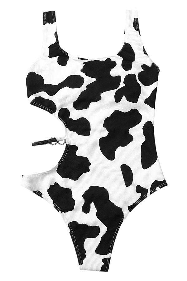 Cow Print Cut-out Waist Chain One Piece Swimsuit-Charmo