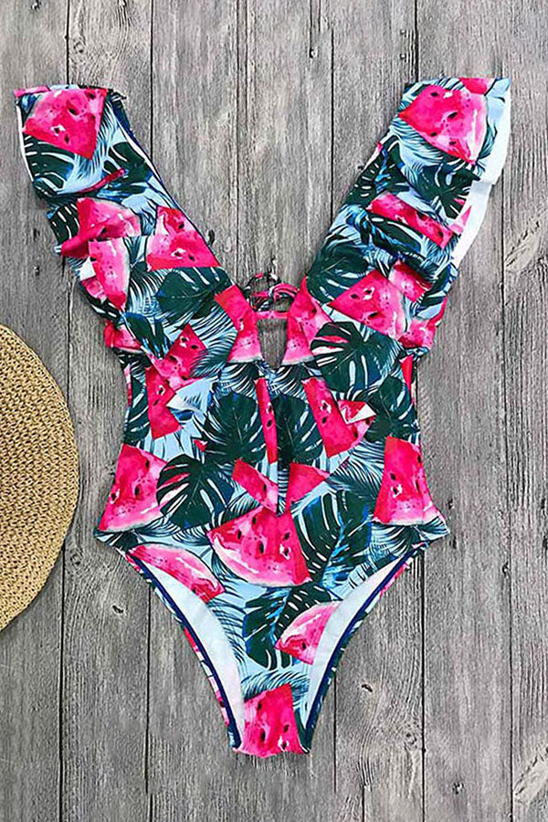 Random Floral Print Ruffle Cut-out One Piece Swimsuit