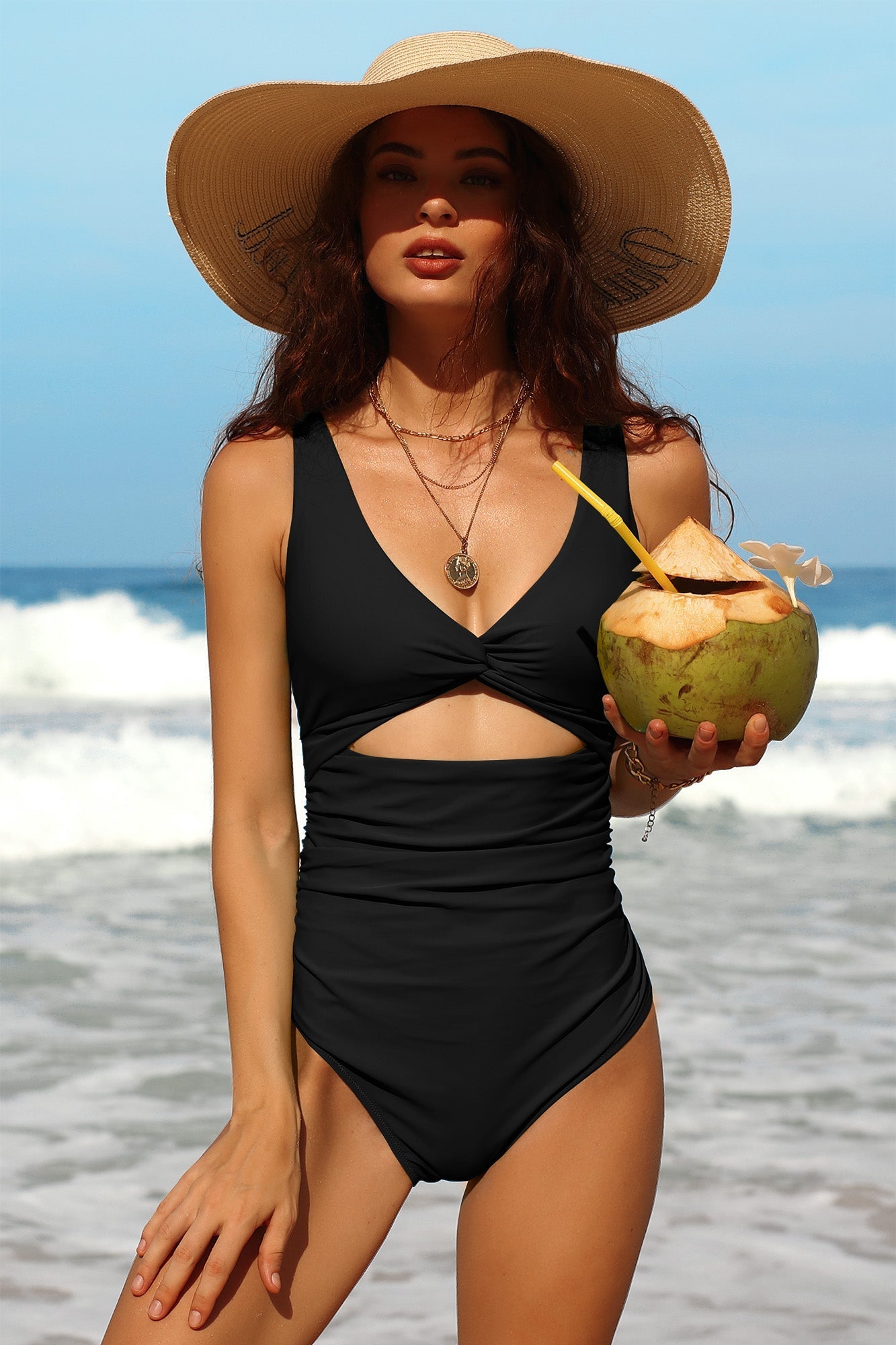 V Neck Ruched Cut Out One-Piece Swimsuit
