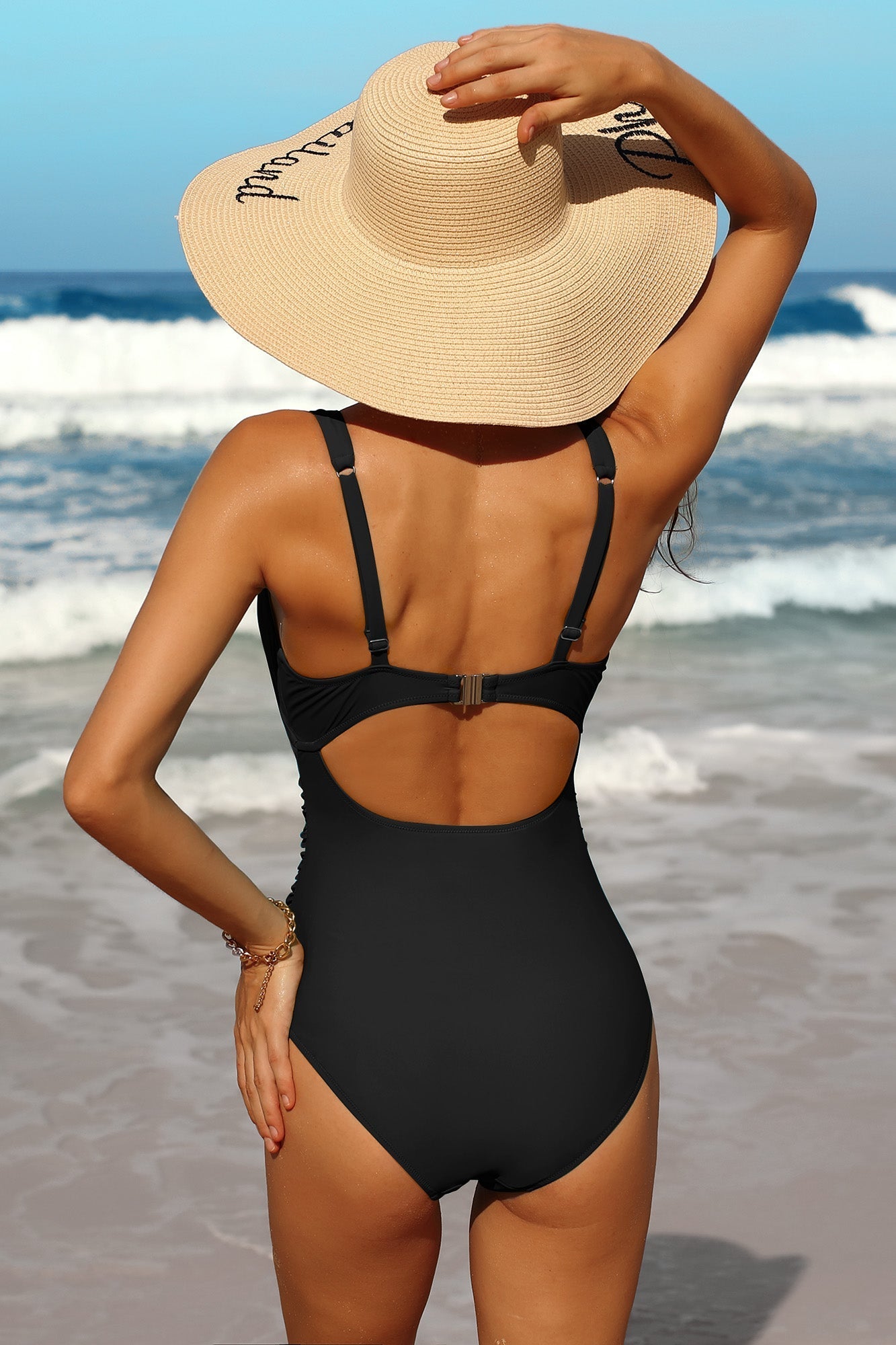 Women's V Neck Ruched Cut Out Solid Sexy One-Piece Swimsuit