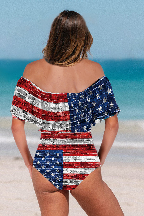 Off Shoulder Ruffled American Flag One Piece Swimsuit-Charmo