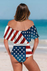 Off Shoulder Ruffled American Flag One Piece Swimsuit-Charmo