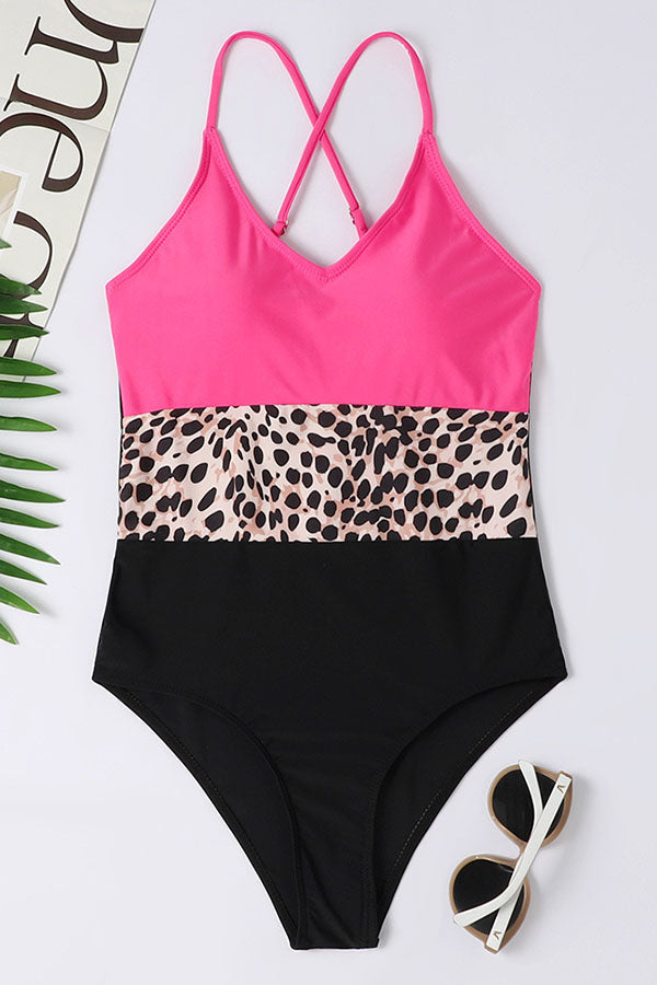 Colorblock Leopard V-neck One Piece Swimsuit-Charmo