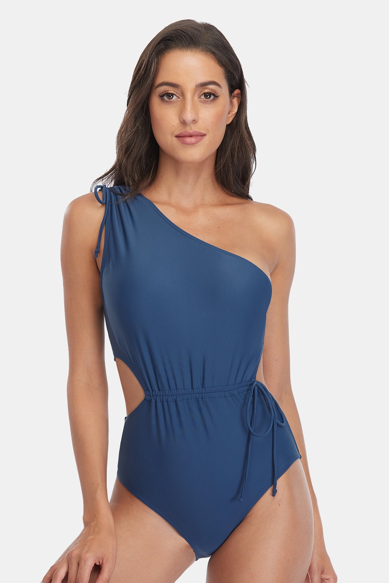 Solid One Shoulder Drawstring One Piece Swimsuit-Charmo