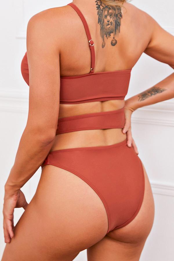 Caramel One Shoulder Hollow One Piece Swimsuit-Charmo