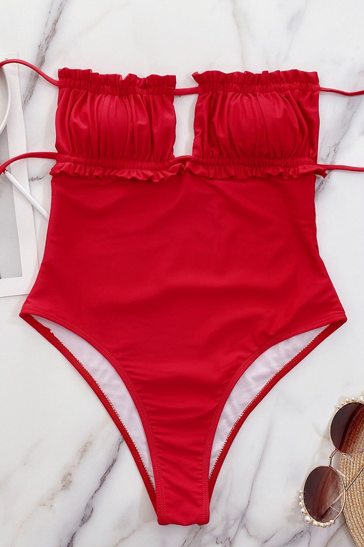 Red Bandeau Ruched Cutout One Piece Swimsuit-Charmo