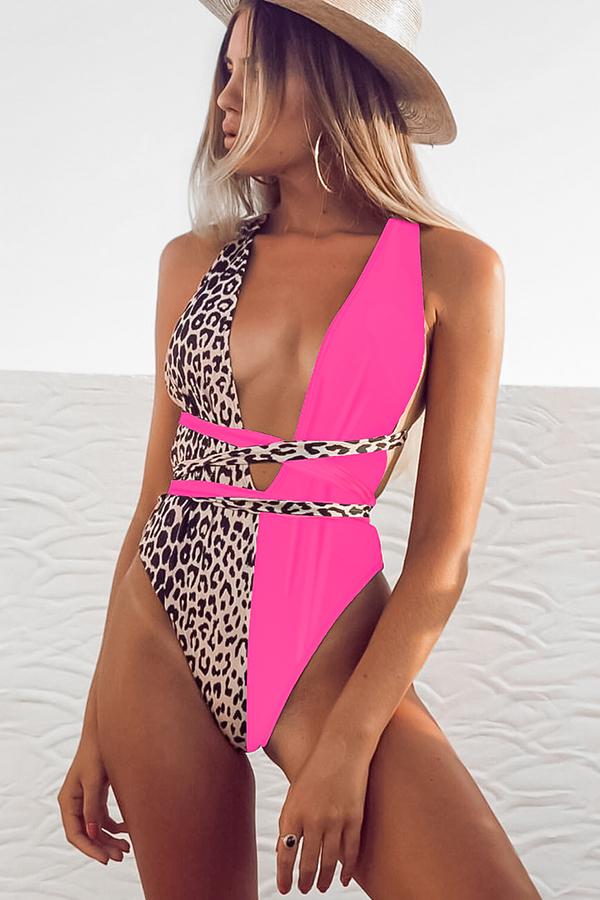 Lace Up Leopard Print Plunge One Piece Swimsuit-Charmo