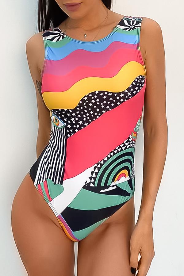 Clearance | Abstract Print Beach Eye Pink One Piece Swimsuit-Charmo