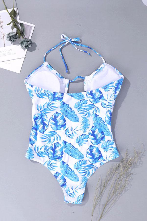 Clearance | Blue Leaf Print Cut Out Halter One Piece Swimsuit-Charmo