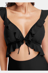 Yellow Floral Ruffled Cutout One Piece Swimsuit-Charmo