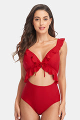 V Neck Ruffled Cut Out Tie Back Backless One-piece Swimsuit