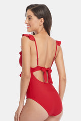 V Neck Ruffled Cut Out Tie Back Backless One-piece Swimsuit