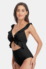 Yellow Floral Ruffled Cutout One Piece Swimsuit-Charmo