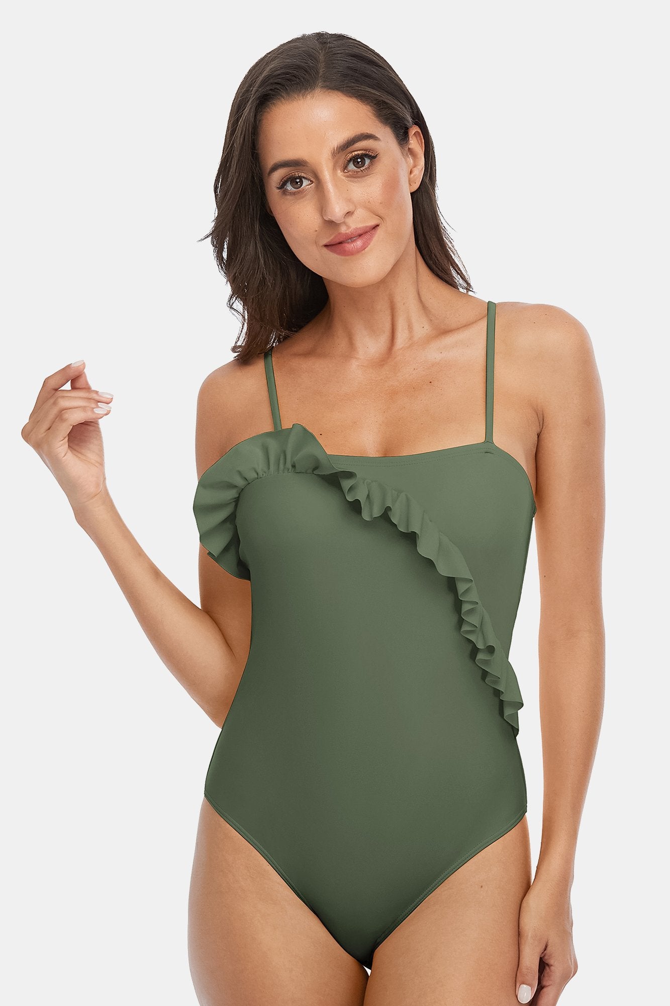 Solid Ruffled Halter One Piece Swimsuit-Charmo