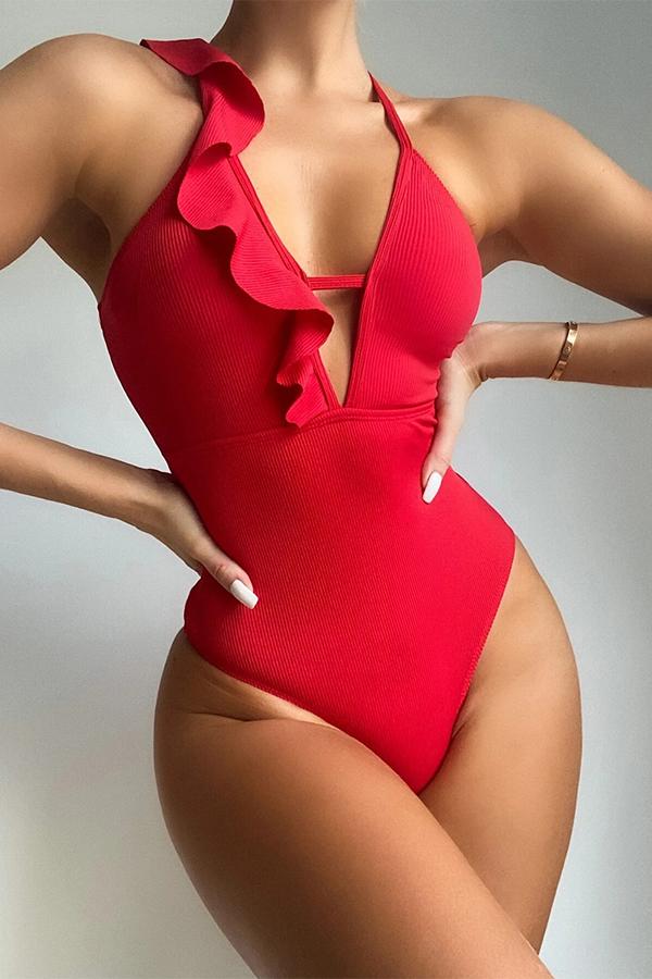 Ruffle Plunge Neck One Piece Swimsuit-Charmo