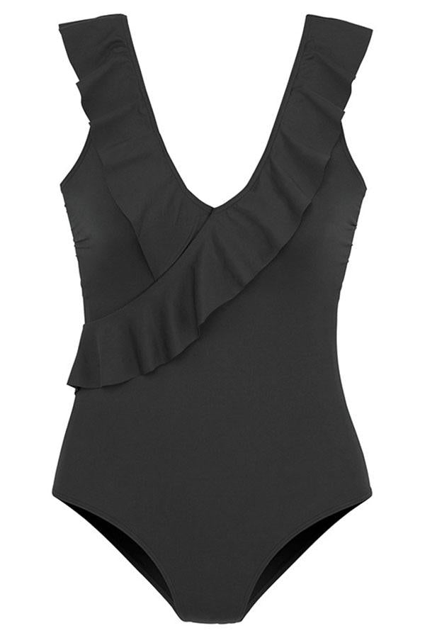 Black Ruffled One Piece Swimsuit-Charmo