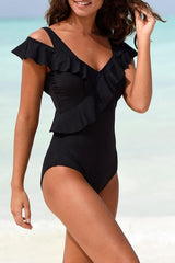 Black Ruffled One Piece Swimsuit-Charmo