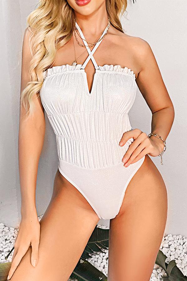 Clearance | White Cirsscross Ruched One Piece Swimsuit-Charmo
